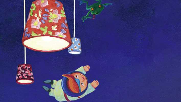 Ausschnitt aus dem Plakatmotiv der ARD-Radionacht für Kinder, ein Frosch und ein Astronautenkind umfliegen bunte Lampenschirme im Weltall © ARD Ausschnitt aus dem Plakatmotiv der ARD-Radionacht für Kinder, ein Frosch und ein Astronautenkind umfliegen bunte Lampenschirme im Weltall © ARD