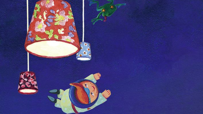 Ausschnitt aus dem Plakatmotiv der ARD-Radionacht für Kinder, ein Frosch und ein Astronautenkind umfliegen bunte Lampenschirme im Weltall © ARD