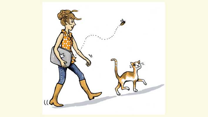 Zeichnung: eine Frau mit Stiefeln und Tasche läuft, vor ihr eine Katze, die sich umschaut, über der Katze eine Biene (Quelle: Bianca Schaalburg)