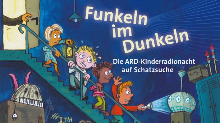Plakatausschnitt der 11. ARD-Radionacht für Kinder, Zeichnung: Kinder gehen auf einer Treppe in den Keller (Quelle: ARD)