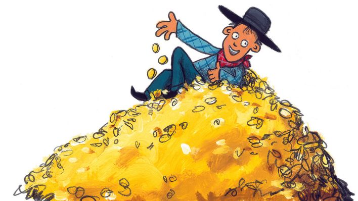 Bunte Zeichnung: ein Junge als Cowboy verkleidet, liegt auf einem großen Berg mit Goldtalern (Quelle: ARD)