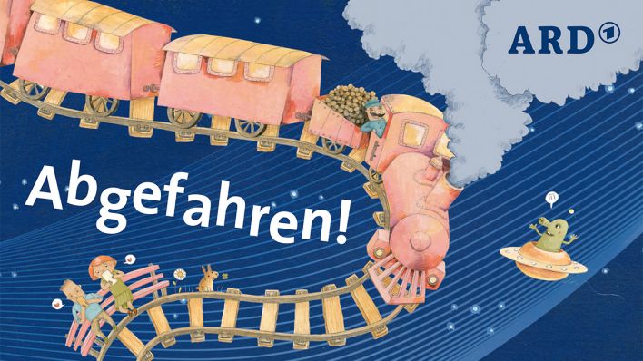 Ausschnitt vom Plakat der 10. ARD-Kinderradionacht (Zeichnung): ein Zug führt durch das Weltall, daneben Zwei auf einer Bank und ein UFO (Quelle: ARD)