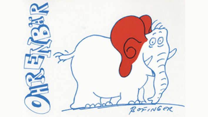 Original-Zeichnung von Manfred Bofinger: ein blauer Elefant mit roten Ohren (Quelle: rbb)
