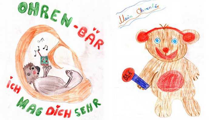 Bunte Kinderzeichnungen: Ohrenbär in der Höhle und mit Kopfhörer und Mikrofon, Schriftzüge "OHRENBÄR - ich mag dich sehr" und "Mein Ohrenbär" (Quelle: rbb/OHRENBÄR)