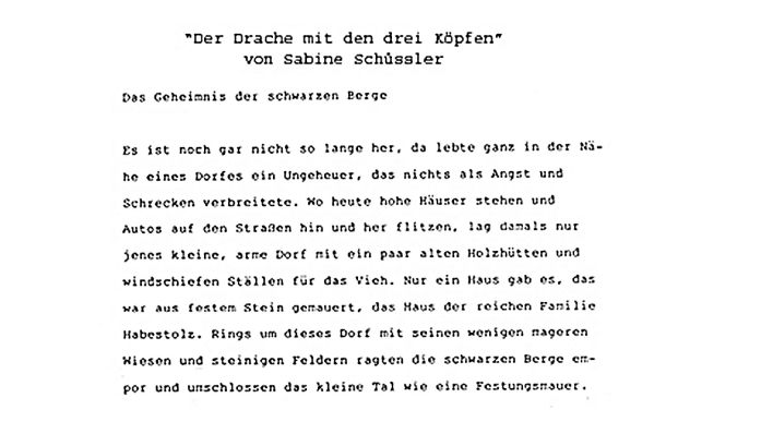 Original-Manuskriptseite von Sabine Schüssler "Der Drache mit den drei Köpfen" (Quelle: rbb)