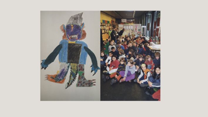 Bunte Monster-Zeichnung und Foto mit Kindergruppe vom ersten Workshop "OHRENBÄR und mehr" (Quelle: rbb)
